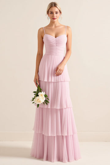 Candy Pink Tulle Spaghetti Straps A Line Ruffled Tiered Long Bridesmaid Dress